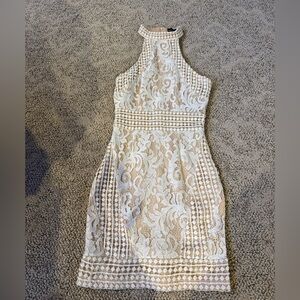 PrettyLittleThing White and Tan Lace Dress